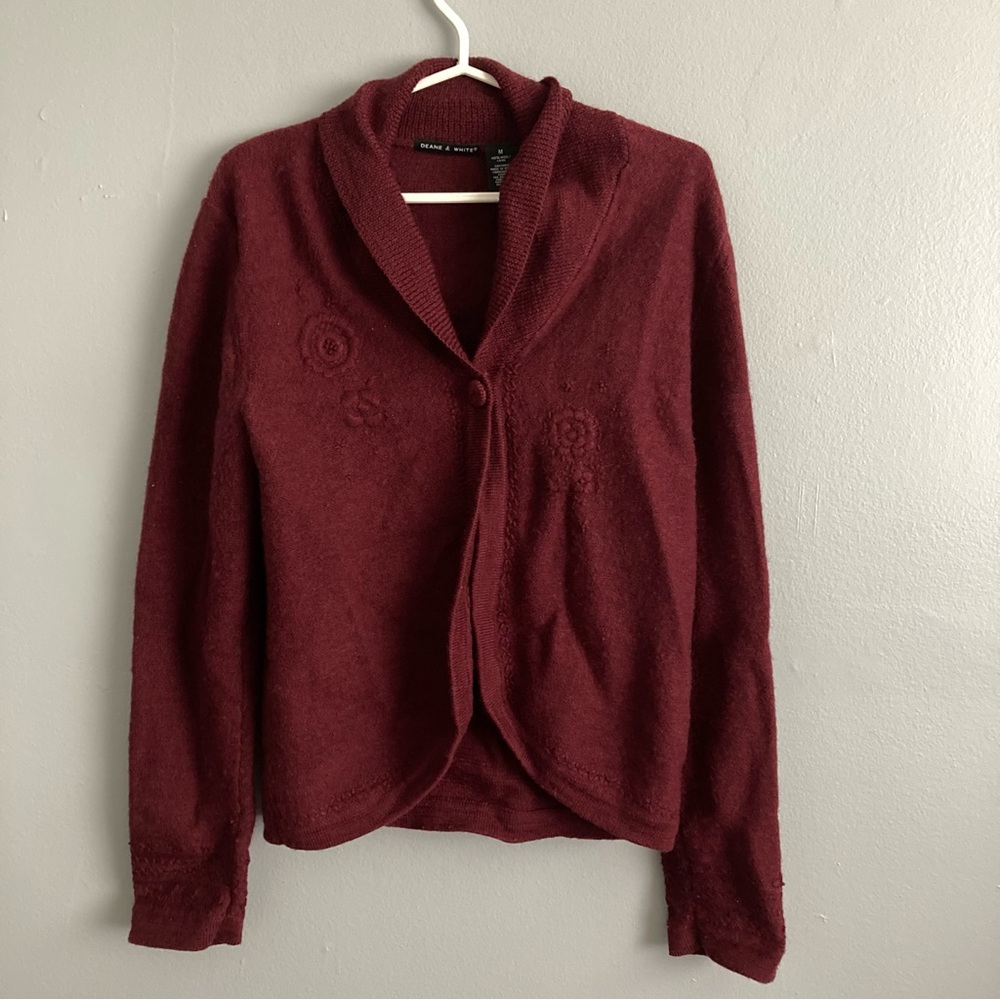 Deane & White Red Embroidered Wool Sweater Shawl Collar Size Medium